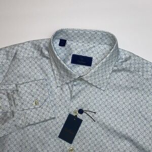 NEW David Donahue Dress Shirt Mens Medium Barrel Cuff Blue Geometric AOP Cotton‎